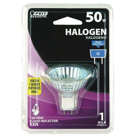Feit Electric Halogen Bulb, 50 W, G8 Lamp Base, MR16 Lamp, 3000 K Color Temp, 3000 hr Average Life BPEXN-120